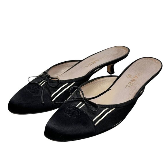 VTG CHANEL Satin Cap ToeMule Kitten Heels Sz.9.5 BlackWhite Stripes CC Bow - Picture 1 of 13